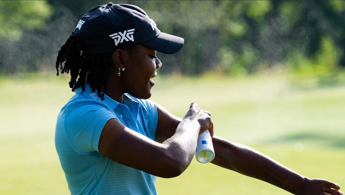 Mariah Stackhouse puts on sunscreen during the Renee Powell Clearview Legacy Benefit at the Bobby Jones Golf Course on June 28, 2021 in Atlanta, Georgia. Mariah Stackhouse puts on sunscreen during the Renee Powell Clearview Legacy Benefit at the Bobby Jones Golf Course on June 28, 2021 in Atlanta, Georgia.